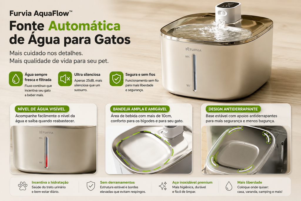Furvia AquaFlow™ - Fonte Inteligente Premium Sem Fio para Gatos e Pequenos Pets