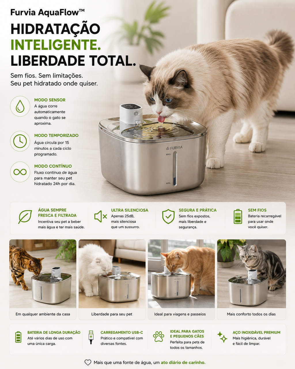 Furvia AquaFlow™ - Fonte Inteligente Premium Sem Fio para Gatos e Pequenos Pets