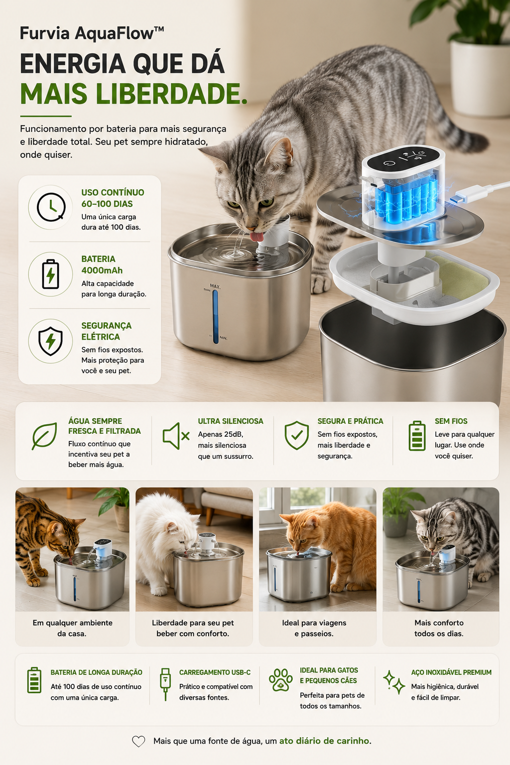 Furvia AquaFlow™ - Fonte Inteligente Premium Sem Fio para Gatos e Pequenos Pets