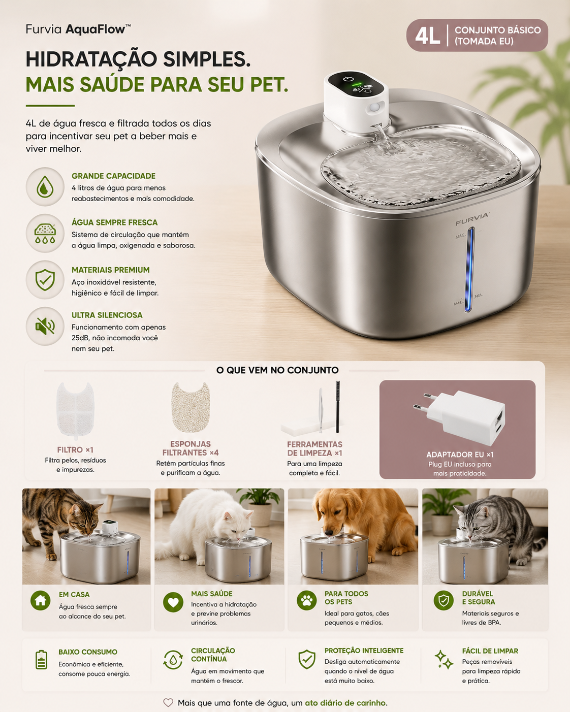 Furvia AquaFlow™ - Fonte Inteligente Premium Sem Fio para Gatos e Pequenos Pets