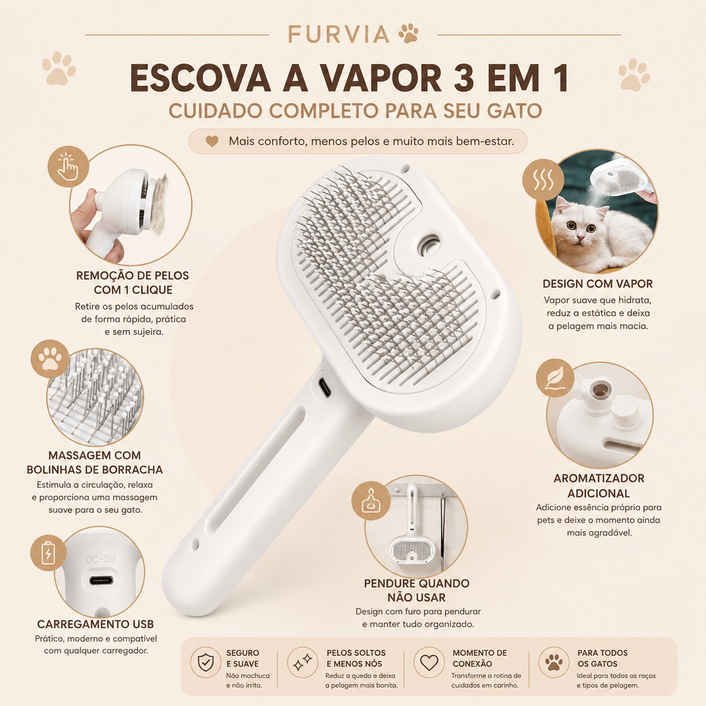 FURVIA™ PurrSpa Pro - Escova Inteligente Relaxante com Vapor